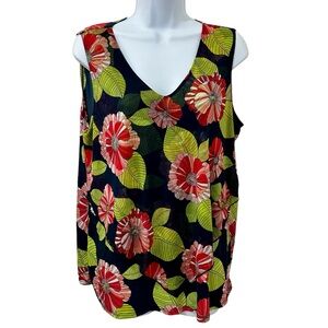 Vibrant Floral V-Neck Tank Top - Black, Red, Green